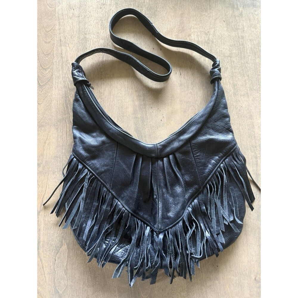 Leather Black Pleated Fringe Hobo Large Purse Mexico Made Festival Southwestern